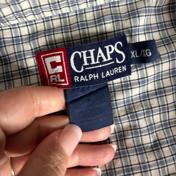 Chaps Button Down Short Sleeve Camp Shirt XL Blue White Checkered Cotton Pocket - Picture 6 of 6